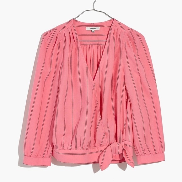 Madewell Contemporary Cecilia Striped Pink Bubble Sleeve Wrap Top Blouse - Picture 4 of 12